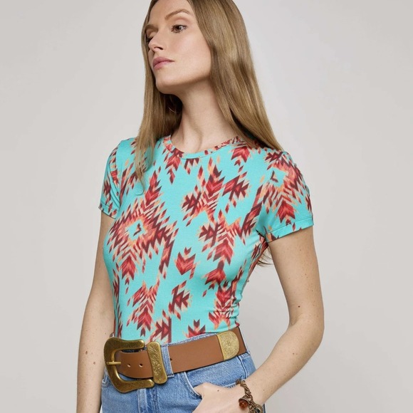 L'AGENCE Ressi Fitted Tee Women‎ S Pool Blue Multi Ganado Shirt Southwestern NEW - Picture 2 of 16